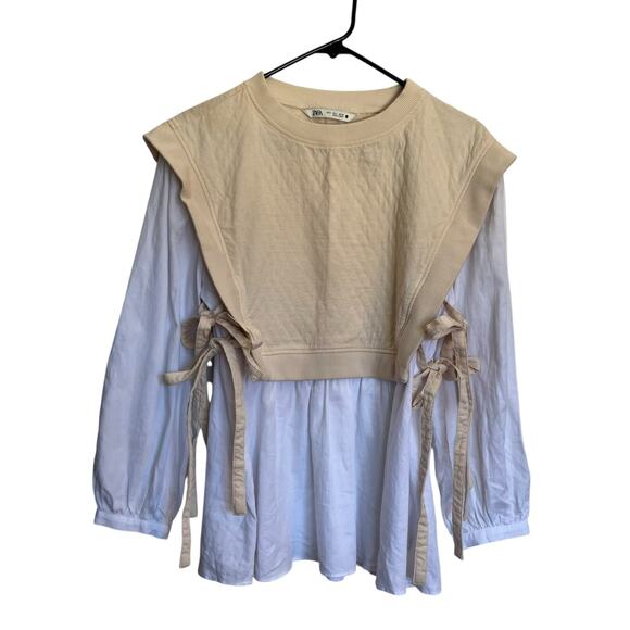Zara Quilted Vest Layered Top White Flowy Blouse Cream Overlay Side Ties Office - Picture 10 of 10
